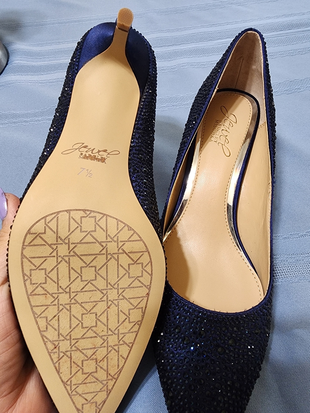 Badgley Mischka Navy Jeweled Pointed Toe Pumps - Picture 4 of 5